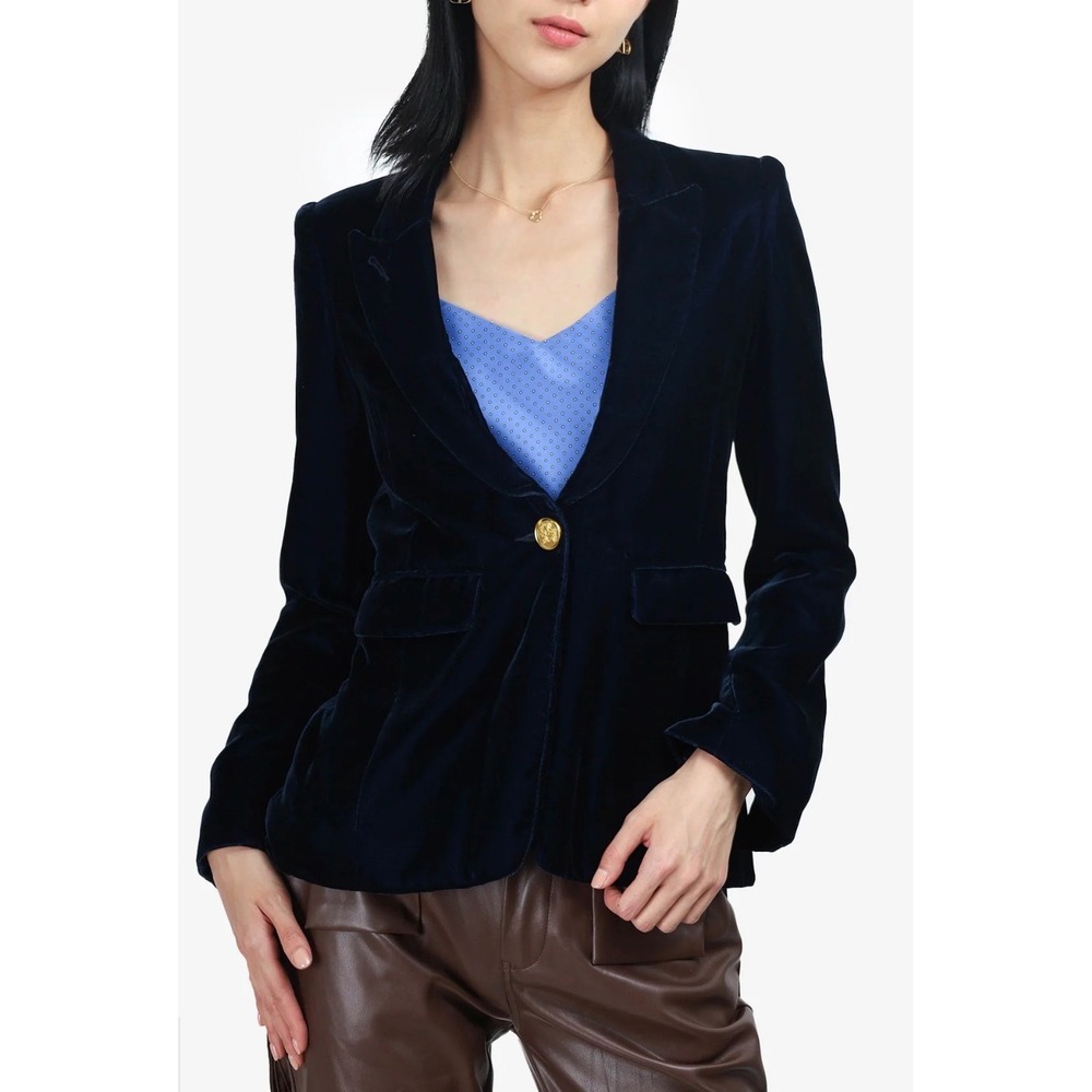 Smythe Blazer Velvet Peaked Lapel Women 10 Sapphire Dark Blue Quiet Luxury‎